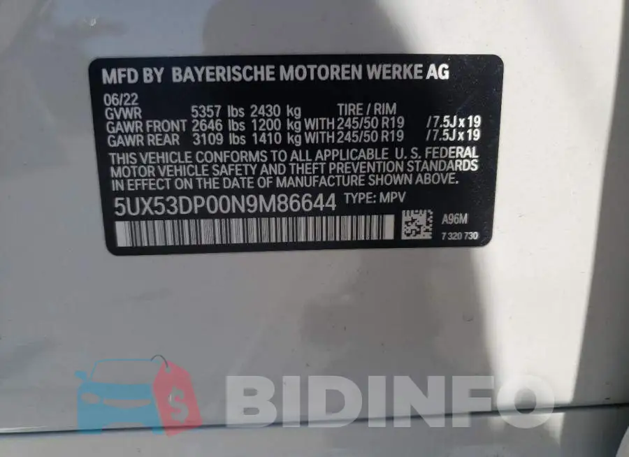 5UX53DP00N9M86644 Photo# 10