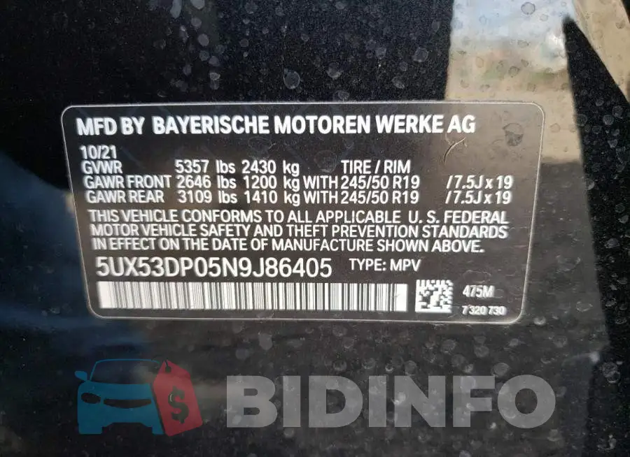 5UX53DP05N9J86405 Photo# 10