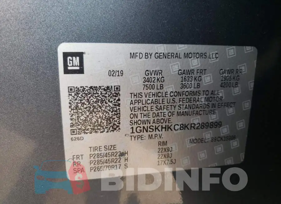 1GNSKHKC8KR289899 Photo# 10