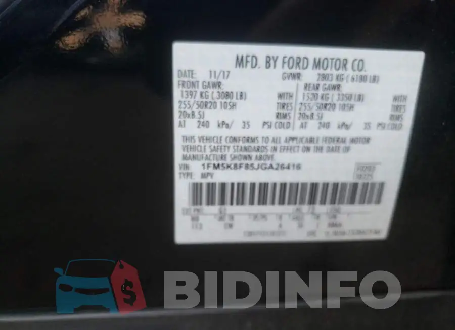 1FM5K8F85JGA26416 Photo# 10