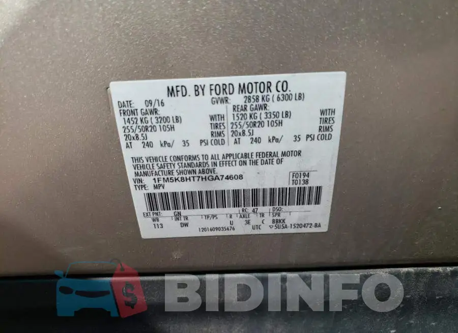 1FM5K8HT7HGA74608 Photo# 10