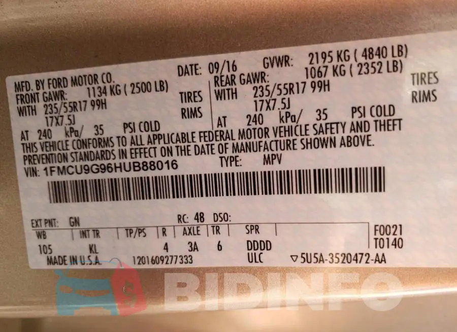 1FMCU9G96HUB88016 Photo# 10