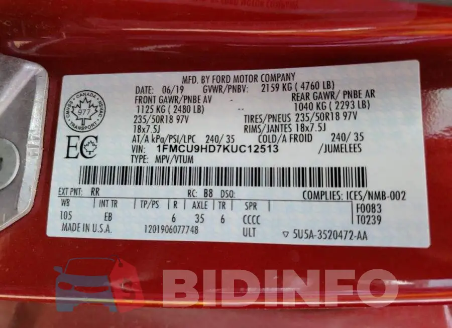 1FMCU9HD7KUC12513 Photo# 10