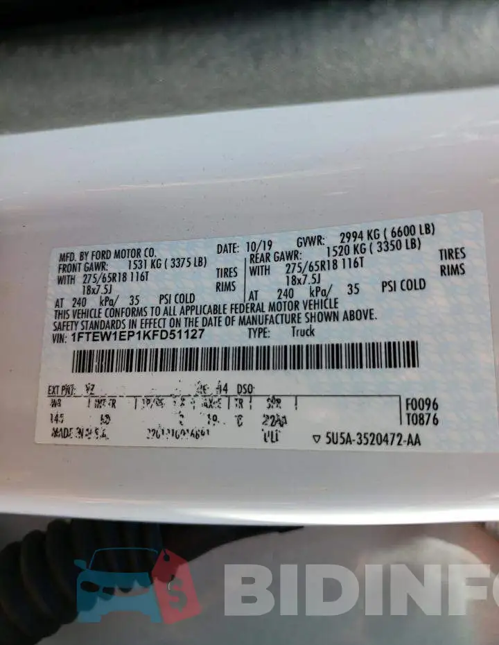 1FTEW1EP1KFD51127 Photo# 10