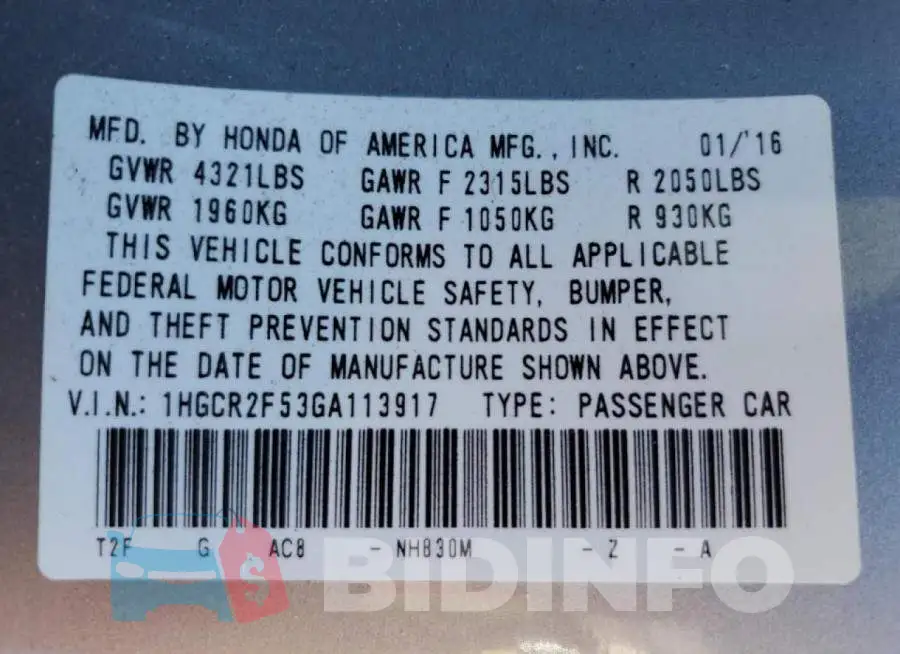 1HGCR2F53GA113917 Photo# 10