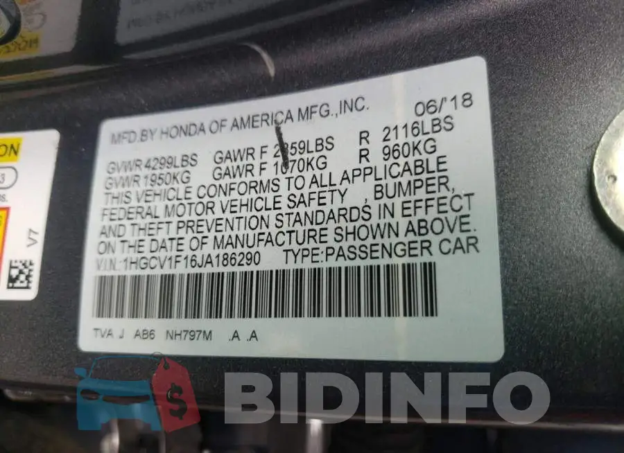 1HGCV1F16JA186290 Photo# 10
