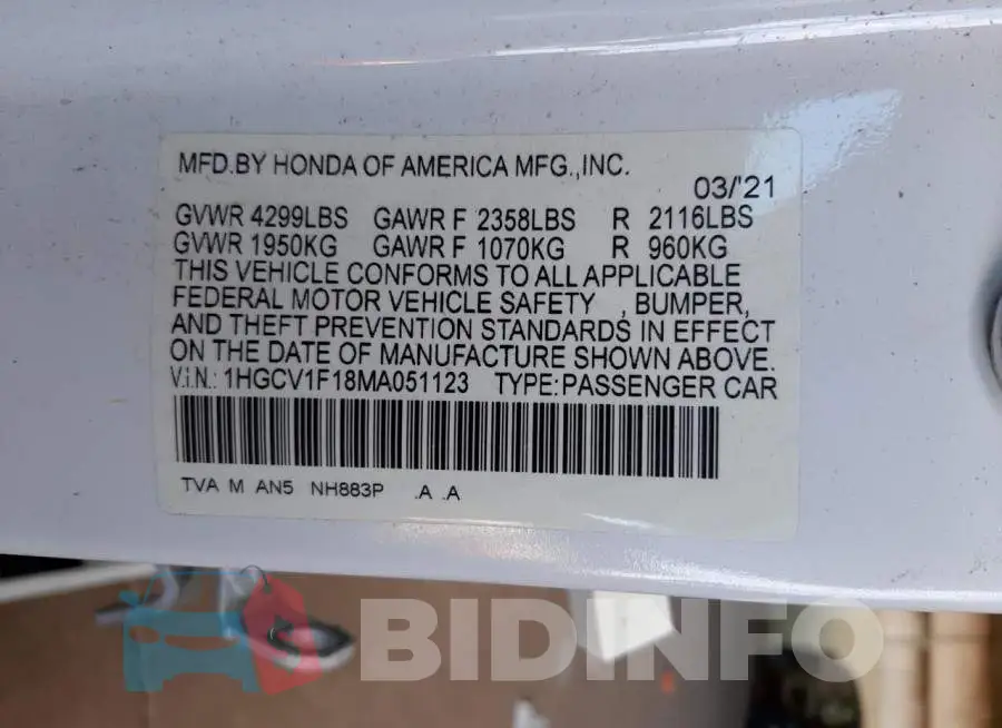 1HGCV1F18MA051123 Photo# 10