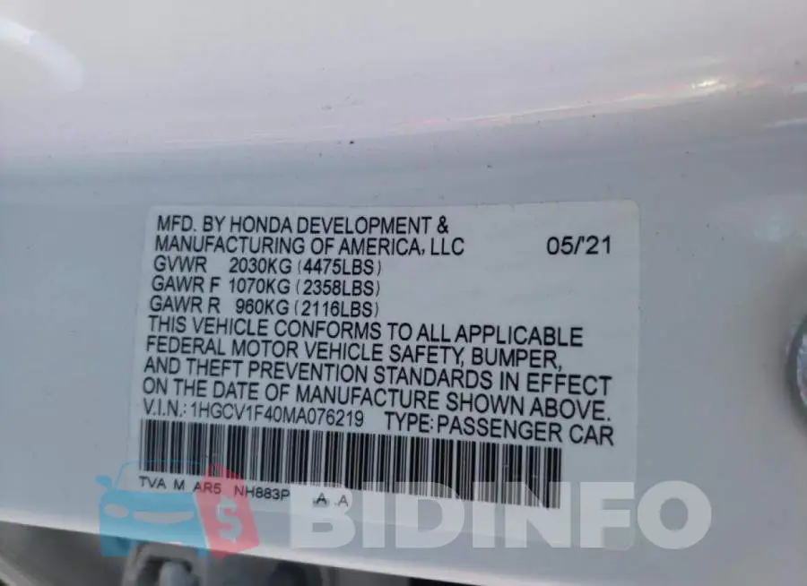 1HGCV1F40MA076219 Photo# 10
