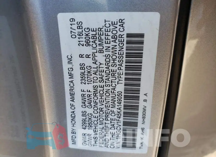 1HGCV1F45KA149050 Photo# 10
