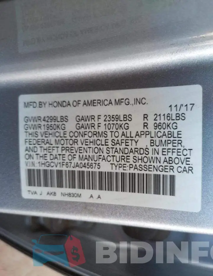 1HGCV1F67JA045675 Photo# 10
