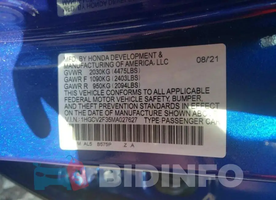 1HGCV2F35MA027627 Photo# 10