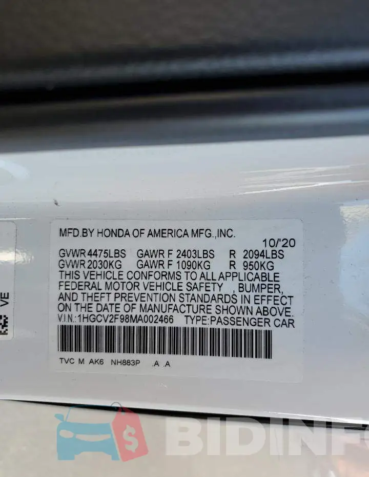 1HGCV2F98MA002466 Photo# 10