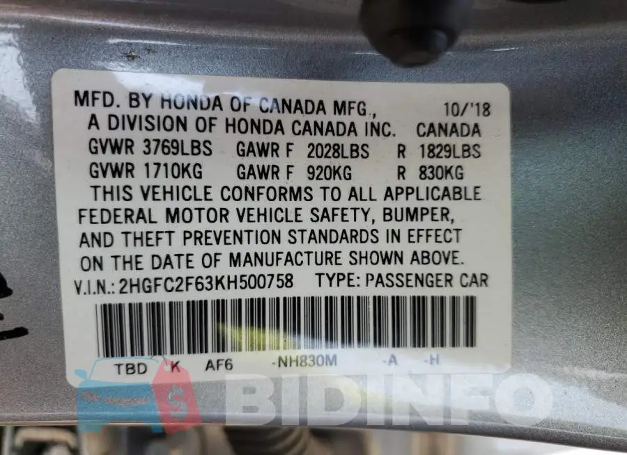 2HGFC2F63KH500758 Photo# 10