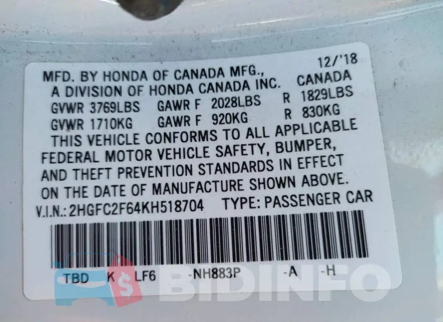 2HGFC2F64KH518704 Photo# 10