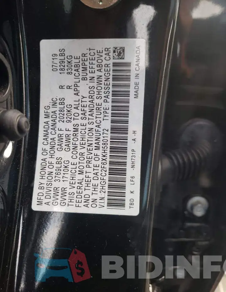 2HGFC2F6XKH580172 Photo# 10