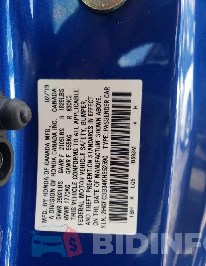 2HGFC3B34KH352590 Photo# 10