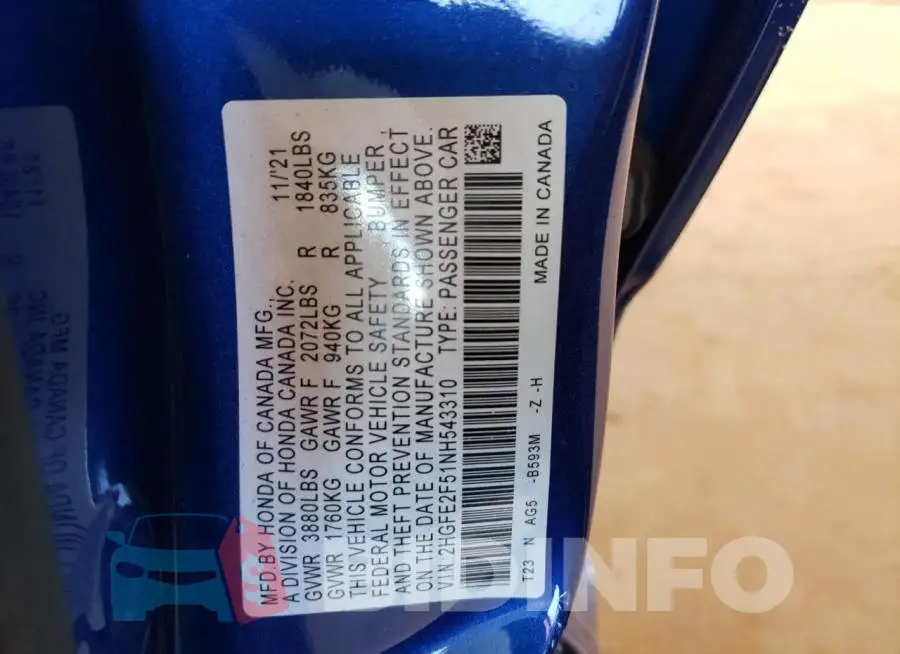 2HGFE2F51NH543310 Photo# 10