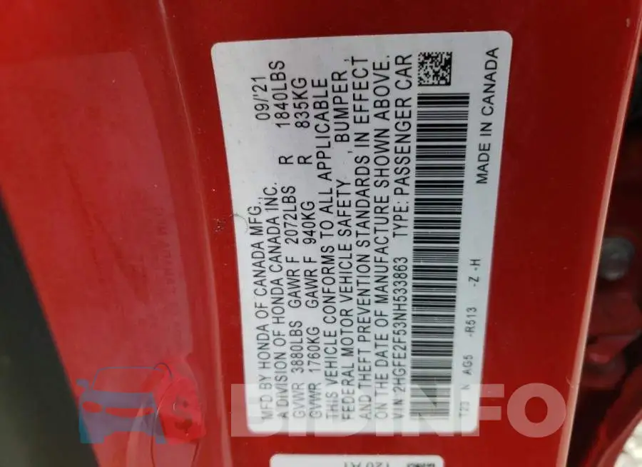 2HGFE2F53NH533863 Photo# 10