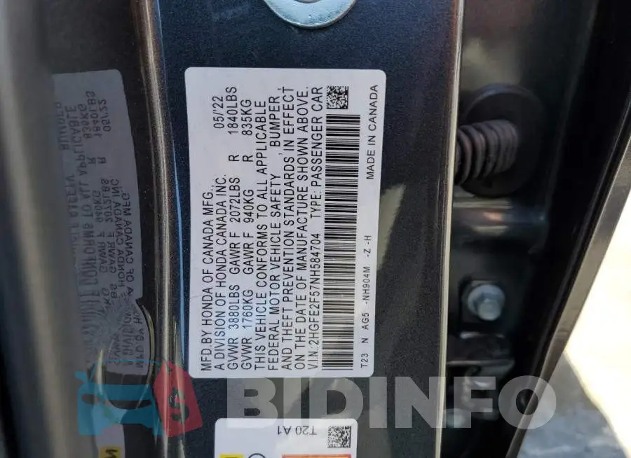 2HGFE2F57NH584704 Photo# 10