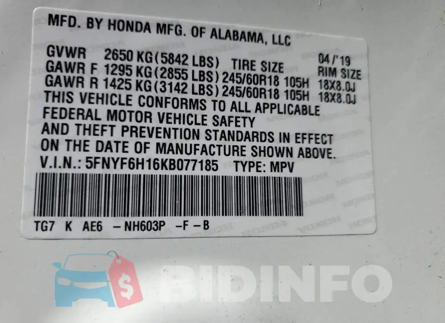 5FNYF6H16KB077185 Photo# 10