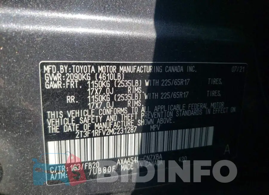 2T3F1RFV2MC231287 Photo# 10