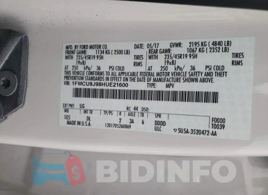 1FMCU9J98HUE21600 Photo# 10