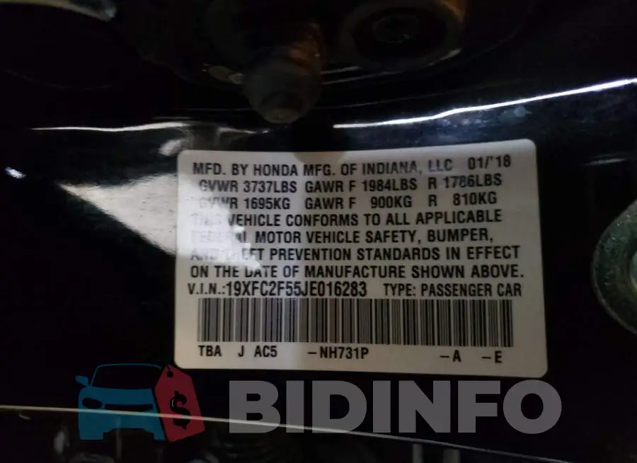 19XFC2F55JE016283 Photo# 10