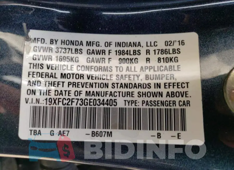 19XFC2F73GE034405 Photo# 10