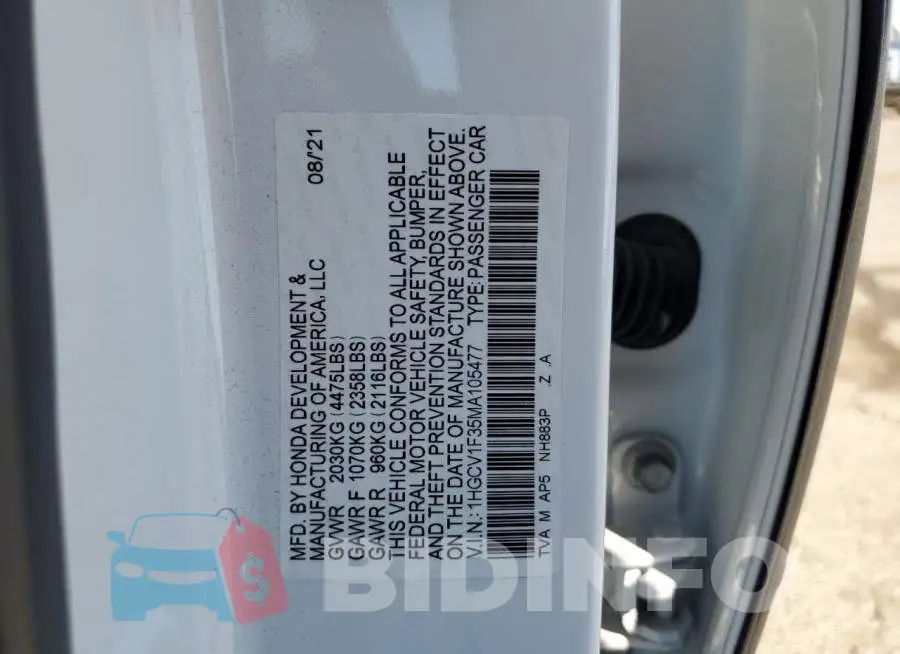 1HGCV1F35MA105477 Photo# 10