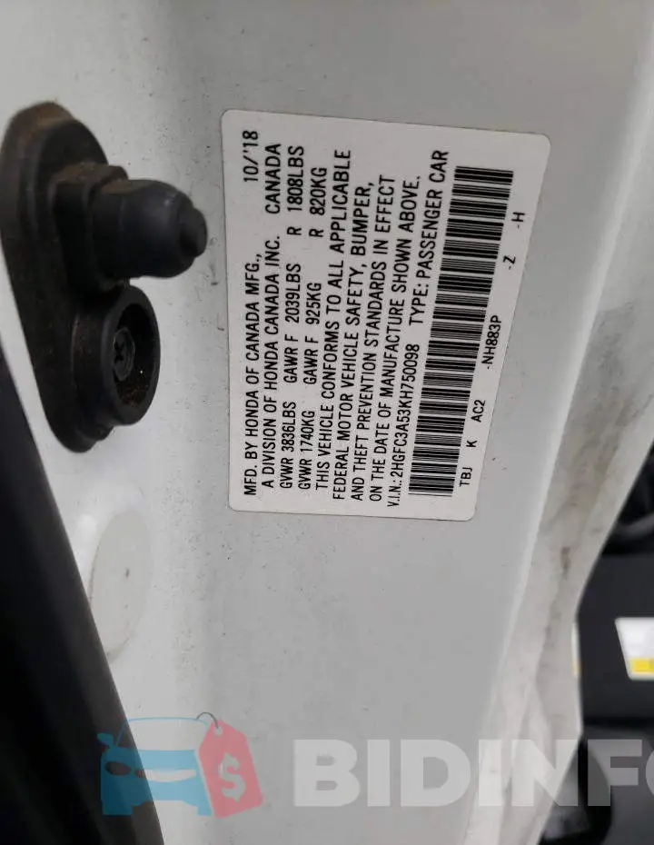 2HGFC3A53KH750098 Photo# 10