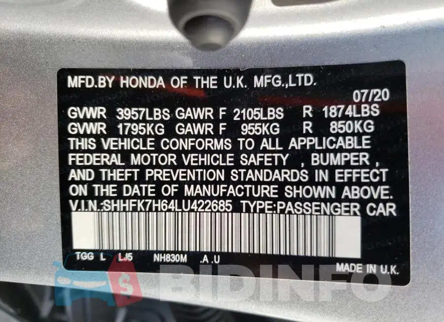 SHHFK7H64LU422685 Photo# 10
