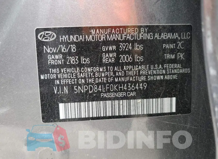 5NPD84LF0KH436449 Photo# 10