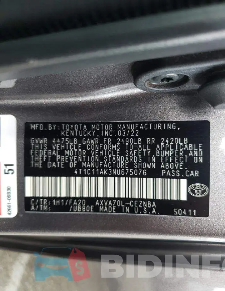 4T1C11AK3NU675076 Photo# 10