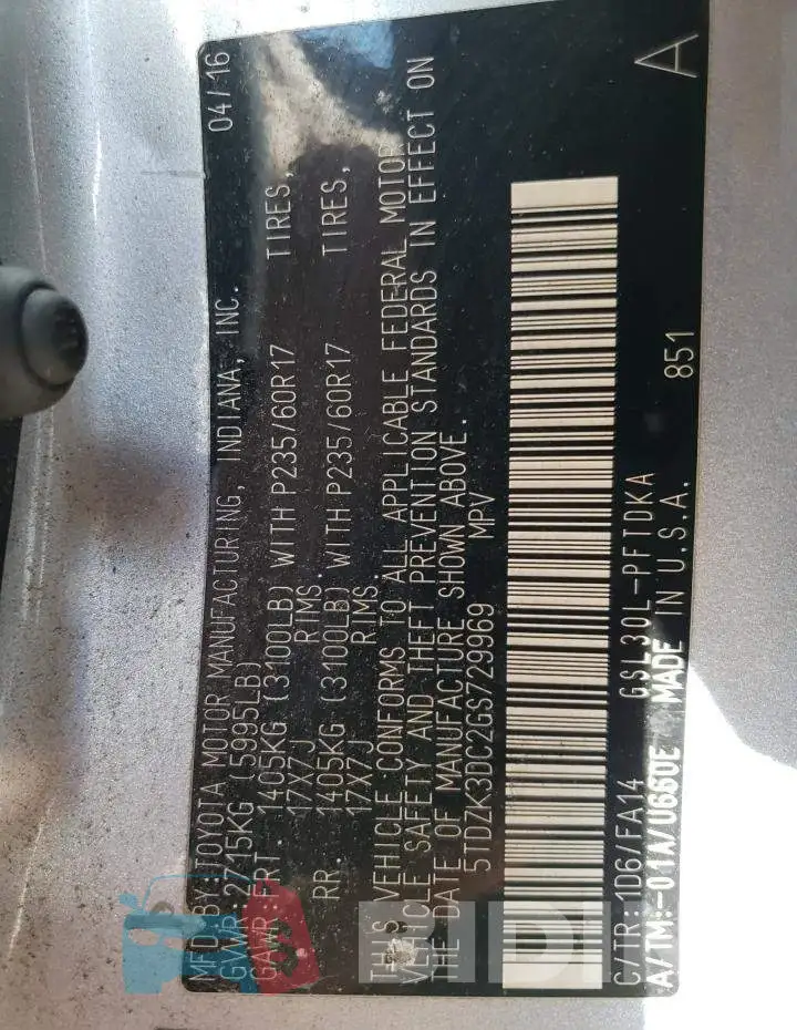 5TDZK3DC2GS729969 Photo# 10