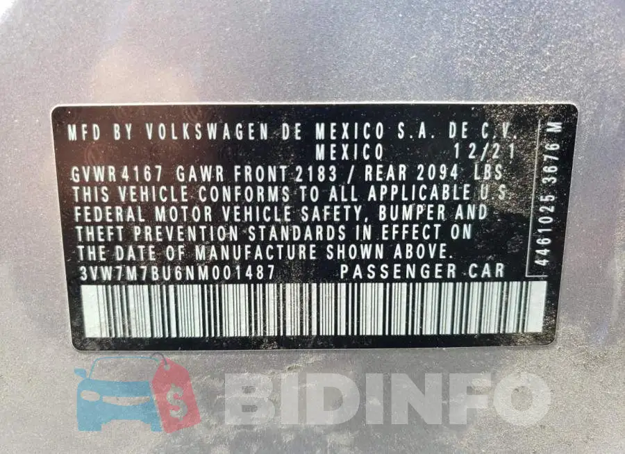 3VW7M7BU6NM001487 Photo# 10