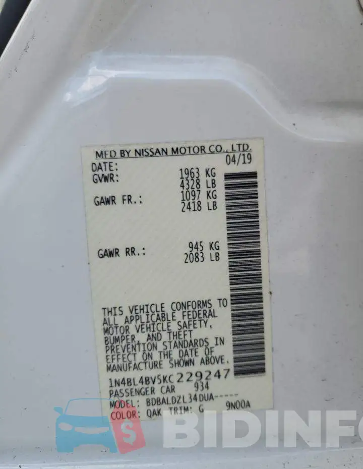 1N4BL4BV5KC229247 Photo# 10