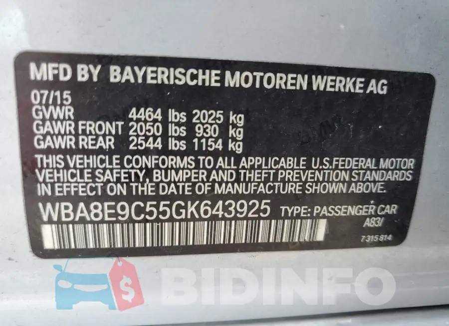 WBA8E9C55GK643925 Photo# 10