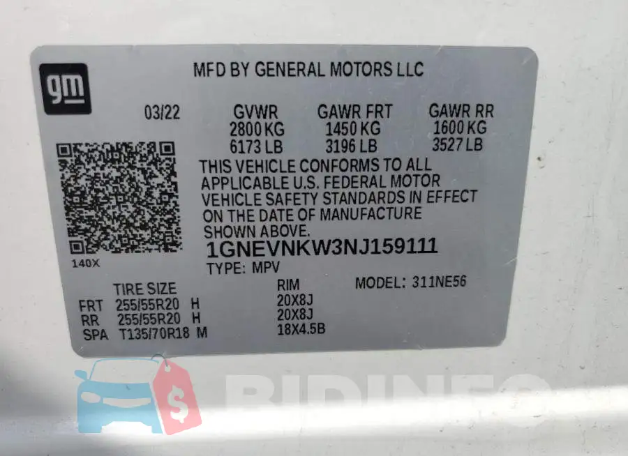 1GNEVNKW3NJ159111 Photo# 10