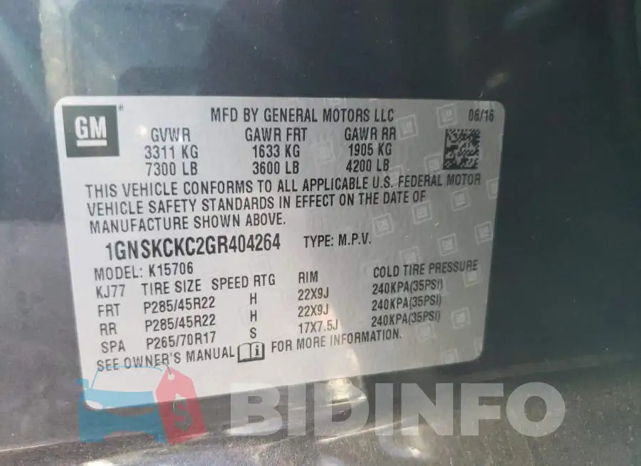 1GNSKCKC2GR404264 Photo# 10