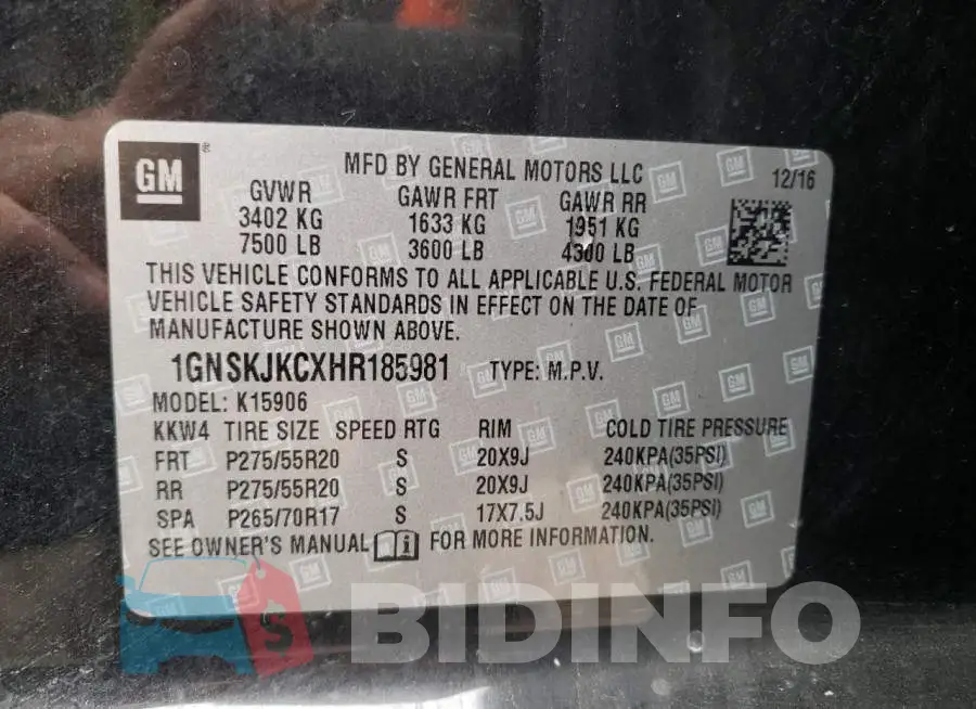 1GNSKJKCXHR185981 Photo# 10