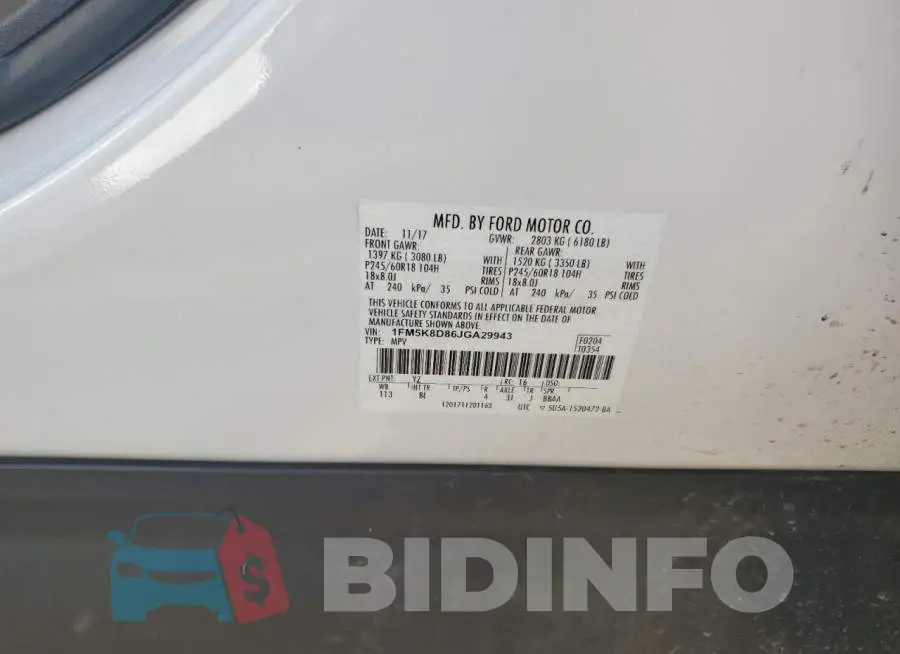 1FM5K8D86JGA29943 Photo# 10