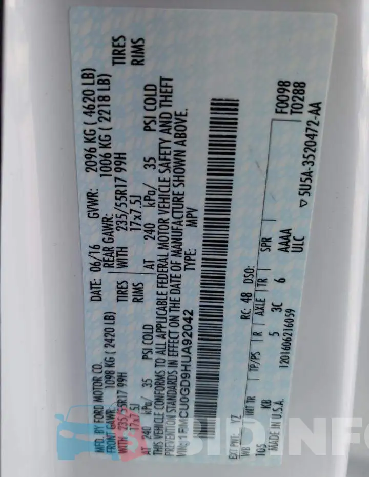 1FMCU0GD9HUA92042 Photo# 10