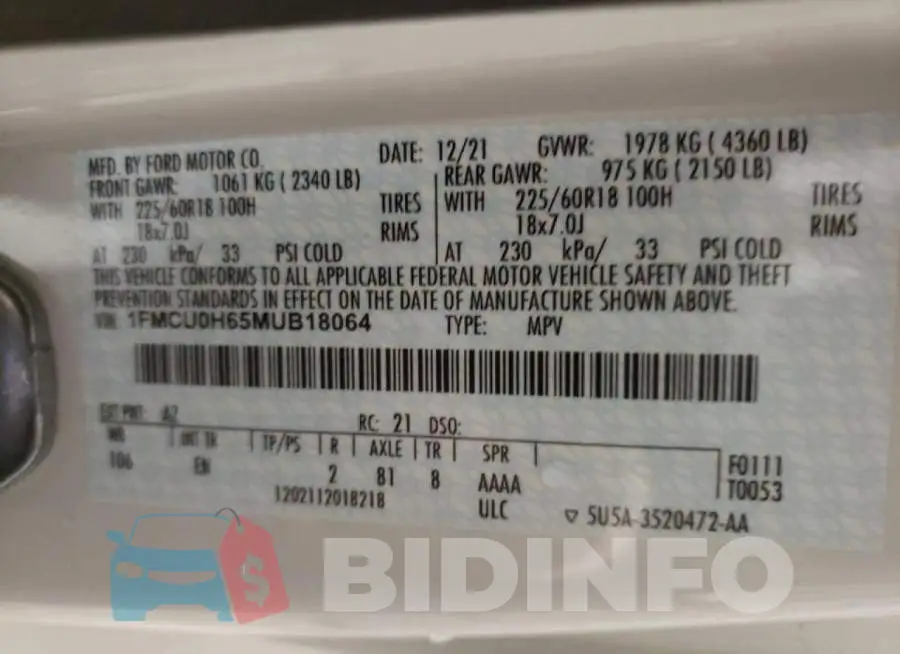 1FMCU0H65MUB18064 Photo# 10