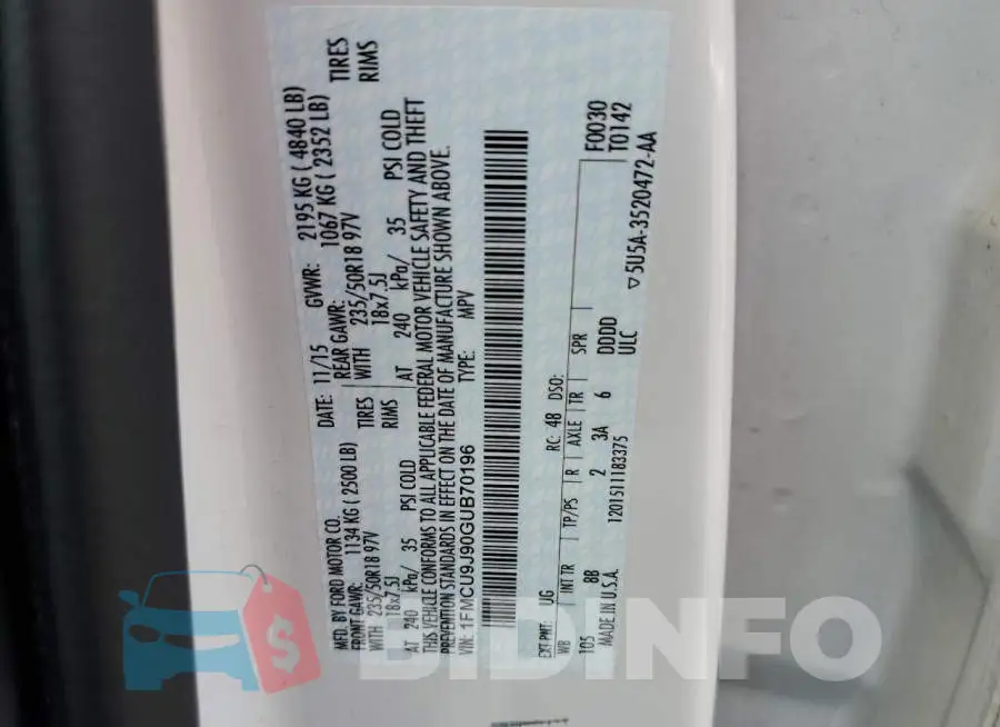 1FMCU9J90GUB70196 Photo# 10