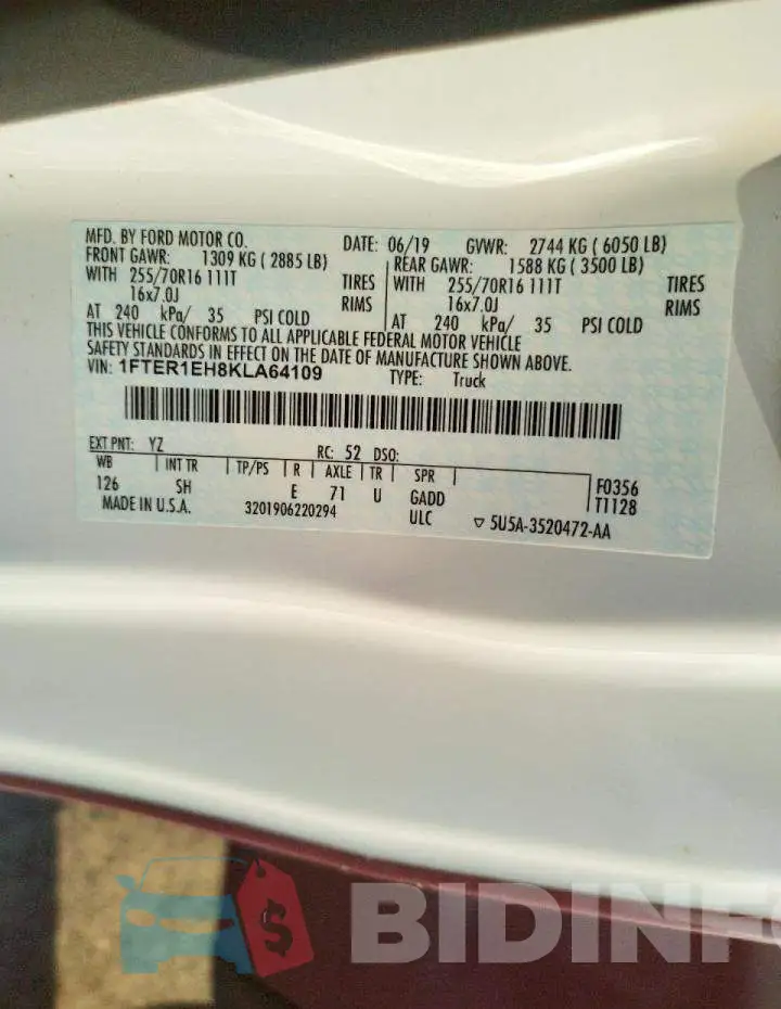 1FTER1EH8KLA64109 Photo# 10