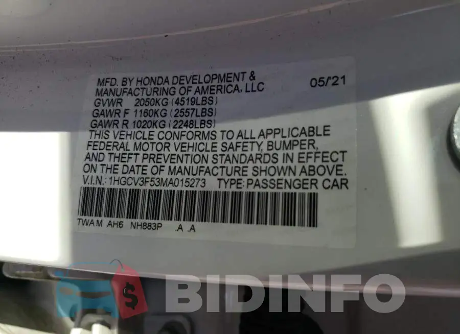 1HGCV3F53MA015273 Photo# 10