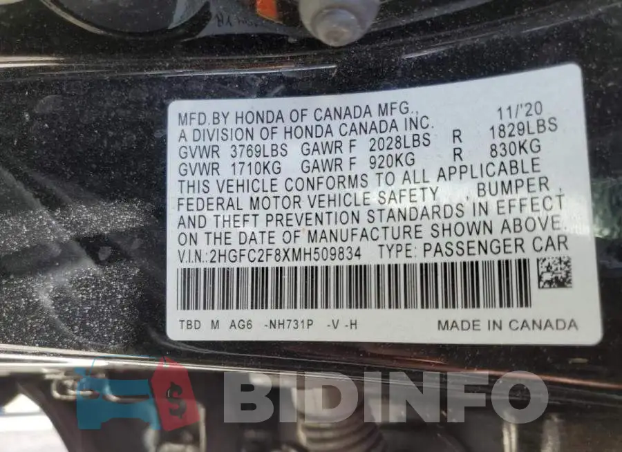 2HGFC2F8XMH509834 Photo# 10