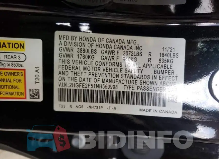 2HGFE2F51NH550998 Photo# 10