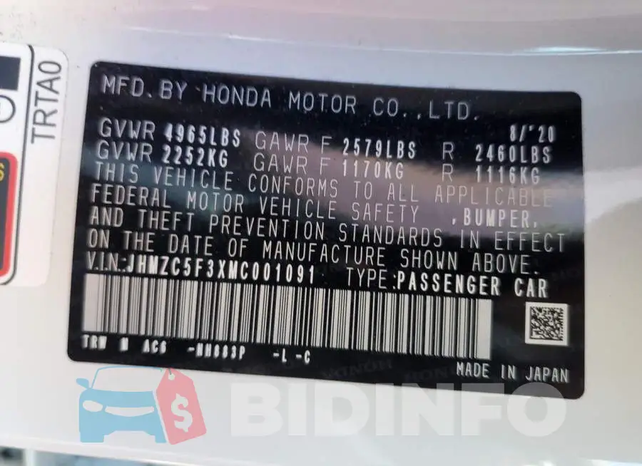 JHMZC5F3XMC001091 Photo# 10