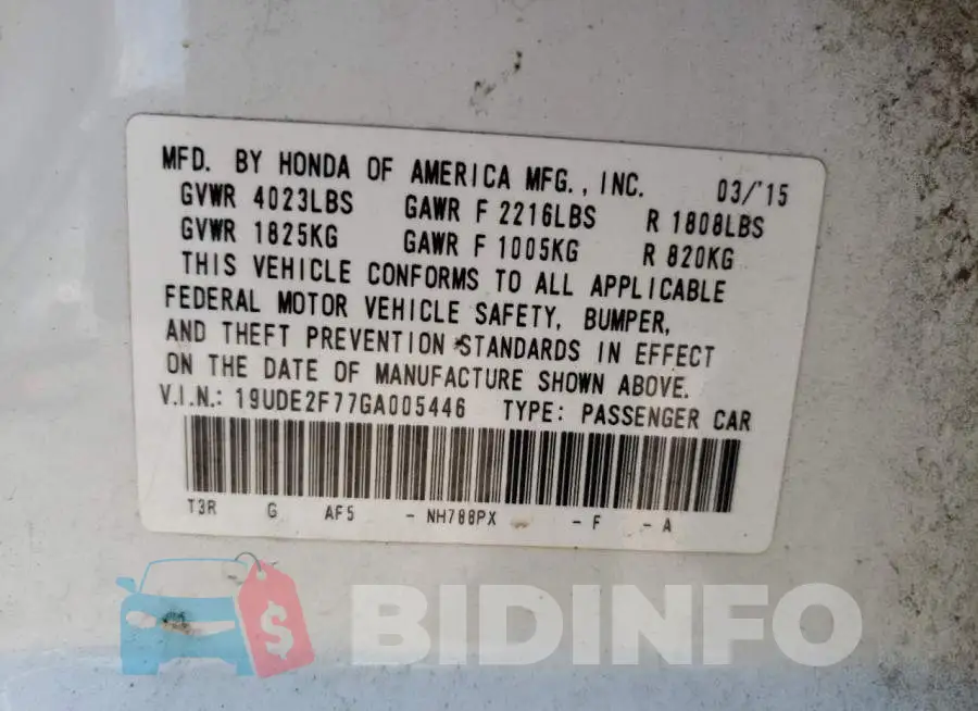 19UDE2F77GA005446 Photo# 10